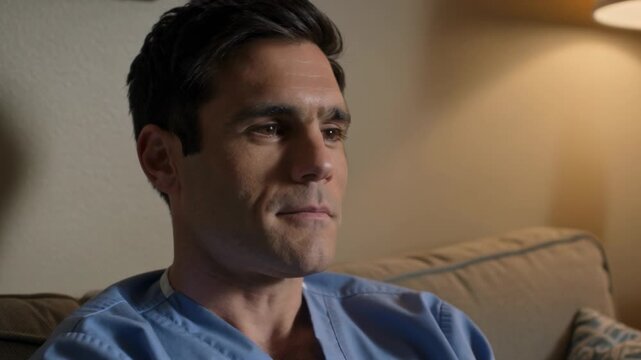 Hearing offscreen voice, man in blue scrubs listening and smiling on sofa at home with lamp