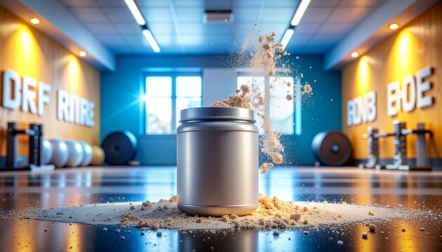 Silver protein powder container with spilling supplement dust in a modern gym fitness facility