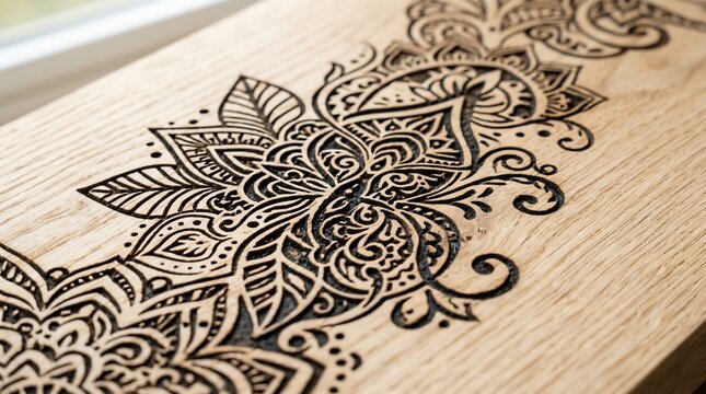 Intricate floral wood burning art detail with natural grain texture