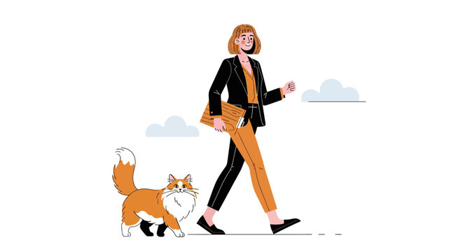 Woman walking her corgi dog outdoors in casual attire.