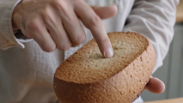Cradling man in beige shirt checking loaf in home kitchen, probing crumb to test texture