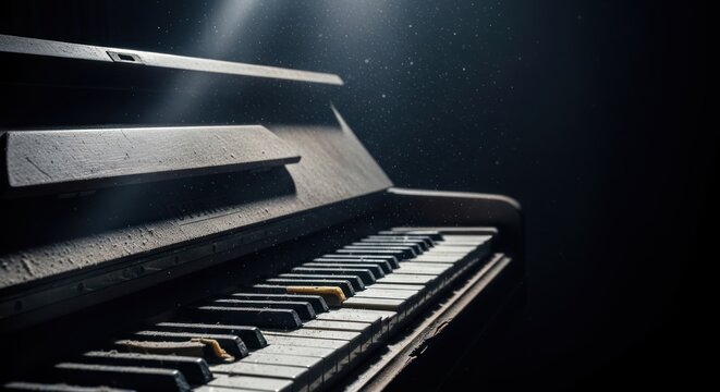 Close up of an old grand piano with a focus on keys and wood