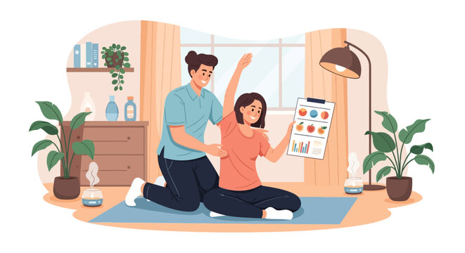 Physical therapist assisting patient with arm exercise and health chart.