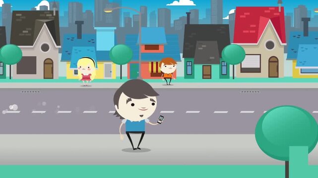 2D Animated Cartoon Boy Walking on City Street Sidewalk and Using Smartphone Mobile App, Urban Outdoor Background Stock Footage