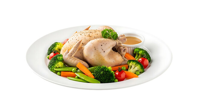 A plate of roasted chicken with vegetables and sauce on a black background, broccoli carrots