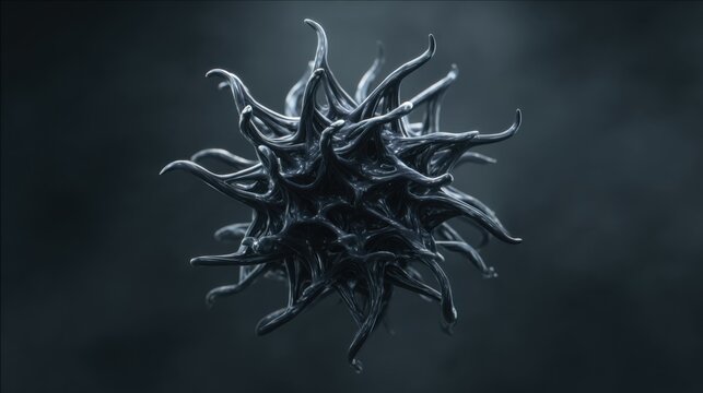 Dark black stretchy slime tangled tumor-like structure. Futuristic biotech horror object like a virus, 3d rendering abstract design element
