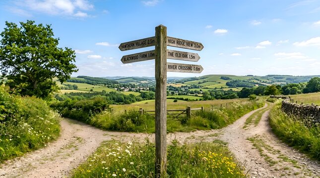 Countryside crossroads signpost pointing to different directions, rural landscape