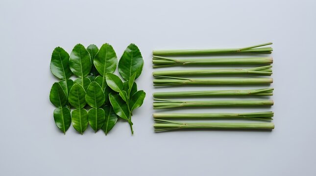 Fresh green kaffir lime leaves and long lemongrass stalks arranged neatly in a minimalist composition for authentic culinary spice photography
