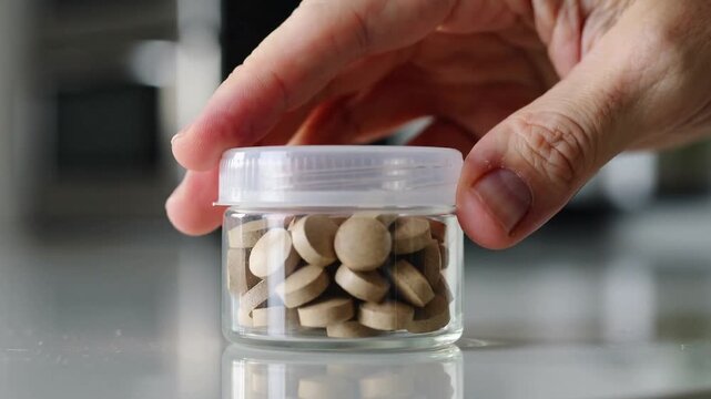 Hand entering top-right, right hand pressing and twisting lid on jar at counter, securing tablets
