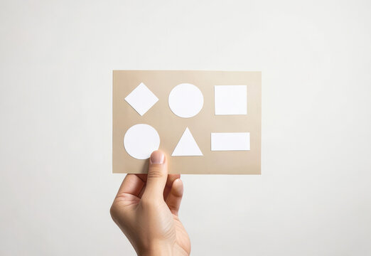 Hand holding sheet with blank stickers different shapes, ai generated