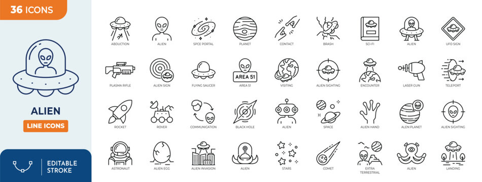 Alien line editable icon set. containing aline, Spaceship, Flying Saucer, UFO, Astronaut, Rocket, Planet, Invasion, Sci-Fi Space, and more. Editable stroke. Vector illustration