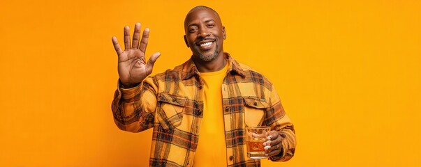 A cheerful man in a yellow and black plaid shirt waves with one hand while holding a glass of whiskey in the other against a bright orange background.
