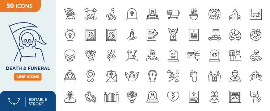 Death and funeral line editable icon set. Contain icons related to funerals and death, coffins, urns, wreaths, candles, gravestone, crosses, and more. Editable stroke. Vector illustration
