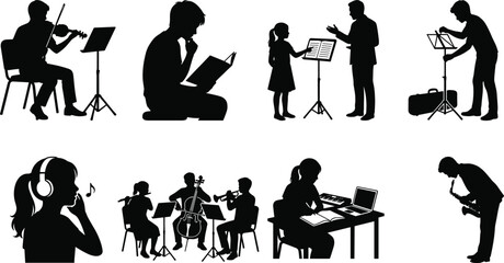 Music Education and Performance Silhouette Collection Featuring Musicians Students Practice and Instruction © TASLIMA