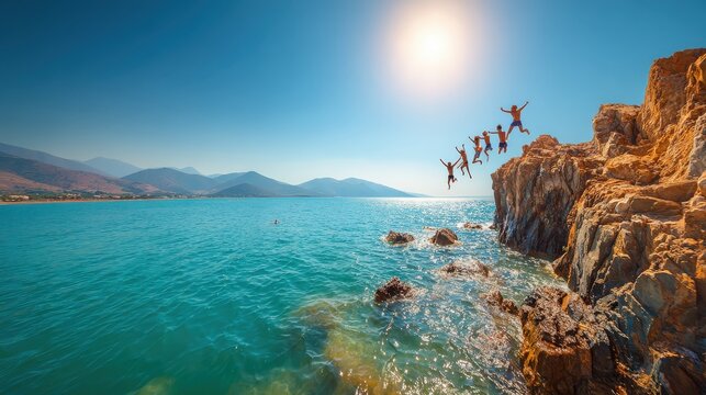A group of people jump off a rocky cliff into clear blue water under a bright sun with mountains in the background.
