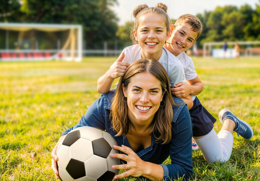 Soccer mom with children and soccer ball on field, ai generated