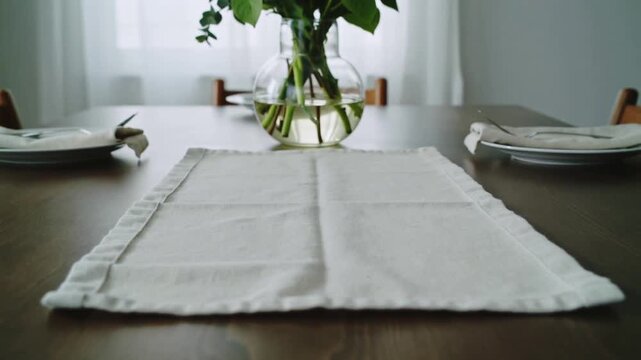 Lifting folded linen, bare arms smoothing placemat on dining table, centering between plates, vase