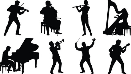 Musician Silhouette Collection Featuring Classical and Contemporary Instrument Performance and Orchestra Activities © TASLIMA