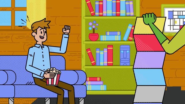 2D Animated Man Eating Popcorn on Sofa While Giant Monster Hand Reaches for Bookshelf in Library Room, Scary Funny Cartoon Animation