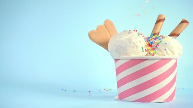 vanilla ice cream scoops in bowl with strewing sprinkles, cigars and cookies on blue background, summer creative concept, copy space, motion