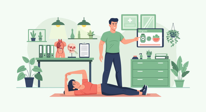 Personal trainer guiding client through exercise routine in modern office setting.