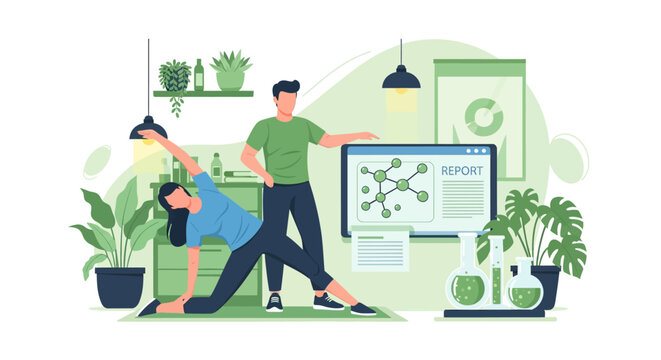 Fitness instructor guiding woman through yoga pose with scientific diagram on screen.