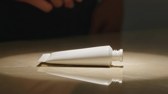 Approaching hand lowering, rolling capless white tube on glossy tabletop, revealing reflection