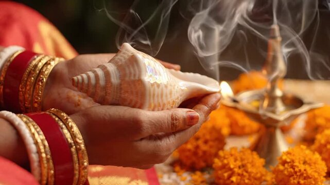 Devotional akshaya tritiya ritual with hands holding a conch shell amidst incense smoke and golden marigolds.