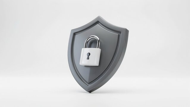 Grey shield with white padlock on white background security concept