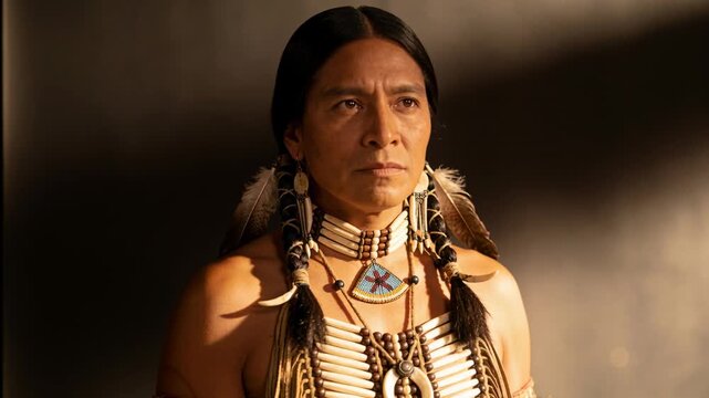 Standing Indigenous man holding gaze as camera zooming in studio, highlighting choker and pendant