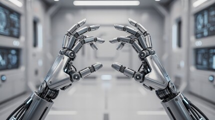 Fototapeta premium Two metallic robotic hands with articulated fingers reaching toward each other in a futuristic, high-tech environment.