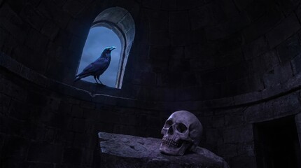 Obraz premium Moonlit circular stone tower with a raven and skull separated between an arched window and rough altar, creating a cold medieval gothic scene of solitude, mystery, silence, and mortal remembrance