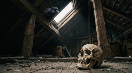 Obraz premium Abandoned timber attic beneath a broken skylight, where raven and skull occupy distant beams and a dusty floor, forming a cinematic scene of decay, forgotten history, eerie discovery, and mortality