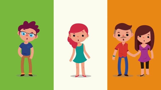 2D Animated Diverse Group of Multiethnic Cartoon Characters Standing Together on Green and Orange Colorful Split Background Panel