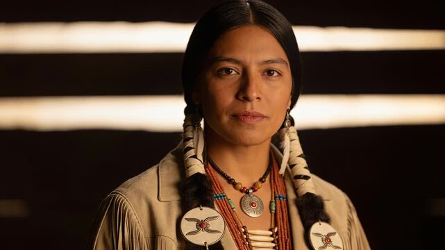 Speaking Native woman responding to camera rolling, delivering line in studio, wearing beadwork