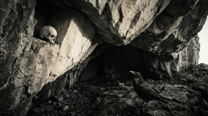 Obraz premium Monochrome rocky cavern with raven and skull positioned on separate levels beneath fractured cliffs, creating a stark study of geological isolation, silent observation, mortality, and ancient mystery