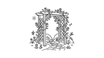 Fototapeta premium Black and white illustration of garden archway with climbing plants and flowers.