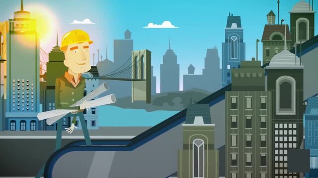 2D Animated Male Architect or Construction Worker Walking Over High City Skyscrapers and Urban Buildings Skyline Background Landscape