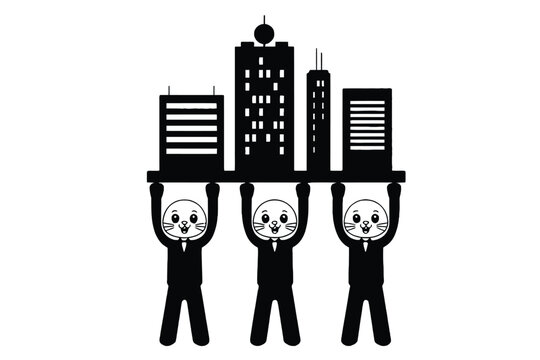 Group of business people cat avatars lifting city skyline icon