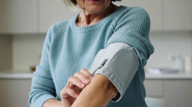 Preparing senior in blue top adjusting BP cuff on left-arm in home kitchen, tubing for health