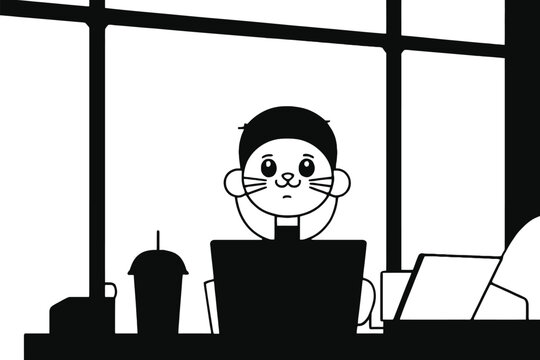 Person character with cat head working on laptop in office, character