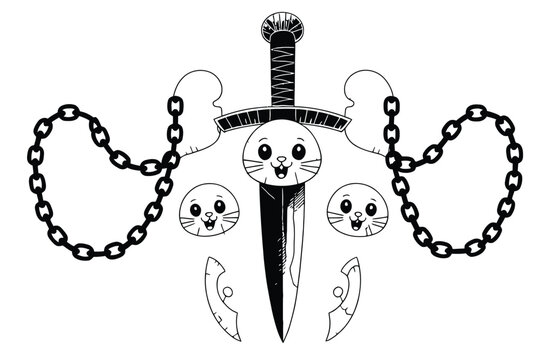 Dagger with chains and cat face symbols black white graphic, isolated