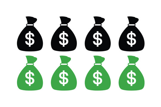 Set of black and green money bags with dollar sign icon, currency