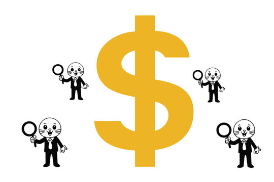 Business seal characters holding magnifying glasses with business