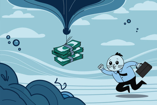 Businessman running after falling stack of cash money with business