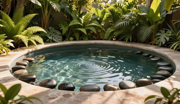 Relaxing round outdoor jacuzzi surrounded by lush green tropical plants creating peaceful and refreshing natural spa atmosphere