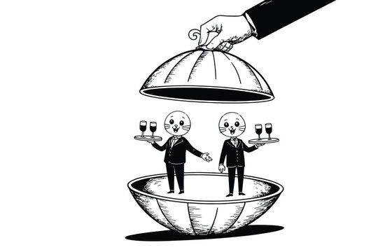 Business people served on silver platter for dinner with business
