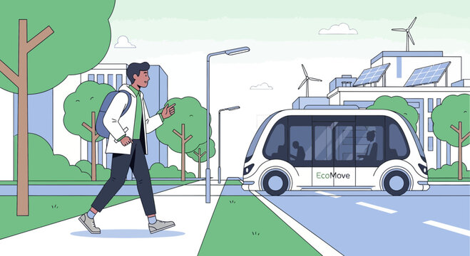 Eco-friendly transport future: Person walks by autonomous shuttle & sustainable city