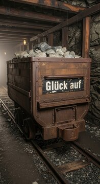 Old mining cart filled with rocks on a track inside a dark mine shaft.