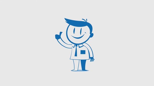 2D Animated Minimal Blue Line Art Cartoon Character of Businessman Giving Thumbs Up Sign, Positive Feedback and Success Gesture Video